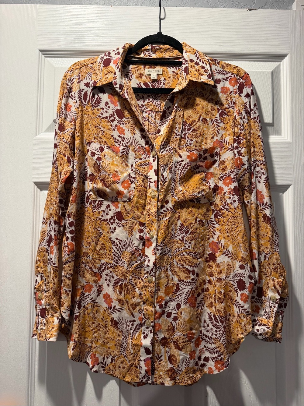 Pilcro Floral Button-Down Shirt in Mustard, Rust, and White